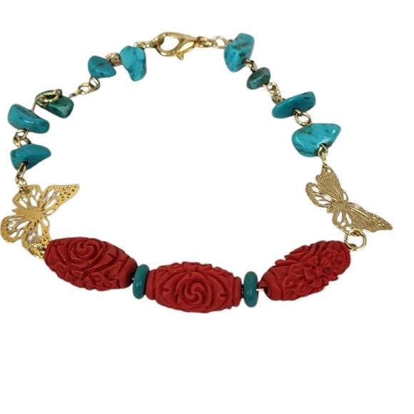 14K Natural Chip Stone Beads Firebrick Carved Cinnabar Turquoise Heishi Bracelet - Picture 2 of 2